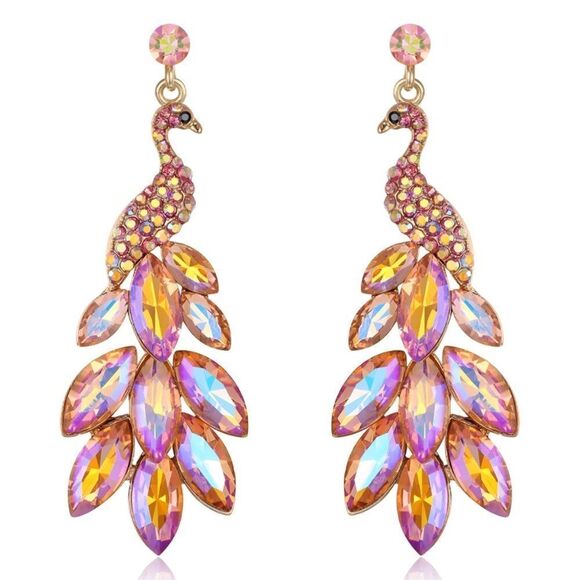 Yellow Gold and Pink Iridescent AB Austrian Crystal Peacock Chandelier Earrings - Picture 1 of 5